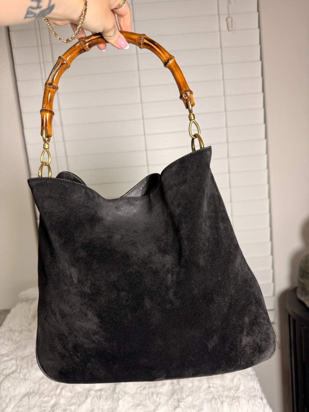 Gucci Black Suede Shoulder Bag with Bamboo Handle